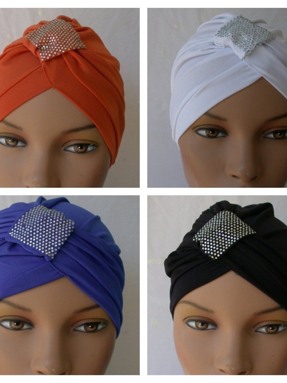 Set of 4 Instant Turban Cap Fun and Flirty Fashion Hat Black White Blue Orange